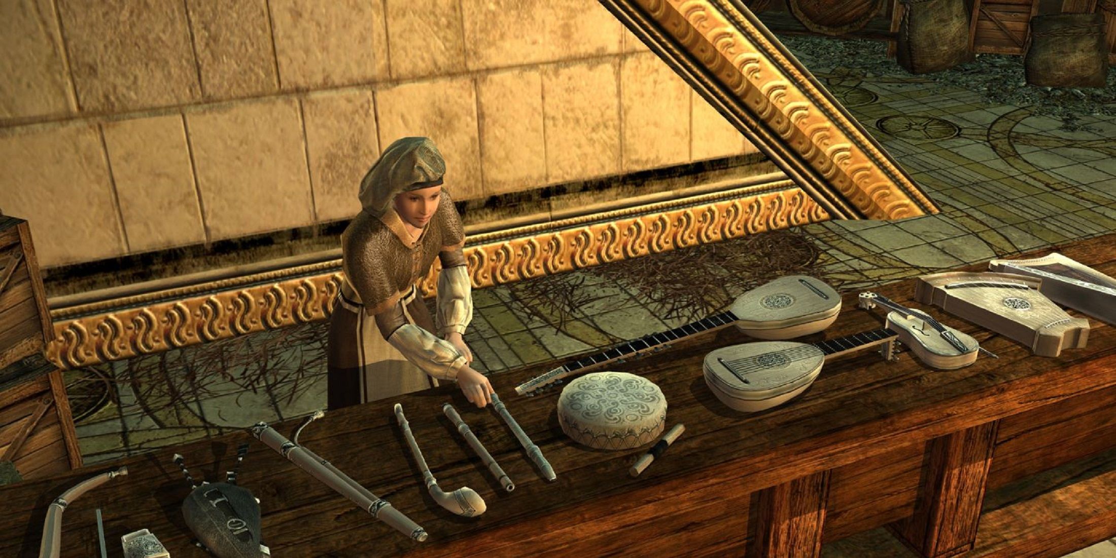 A character examines an assortment of medieval musical instruments laid out on a wooden table in a Lord of the Rings game