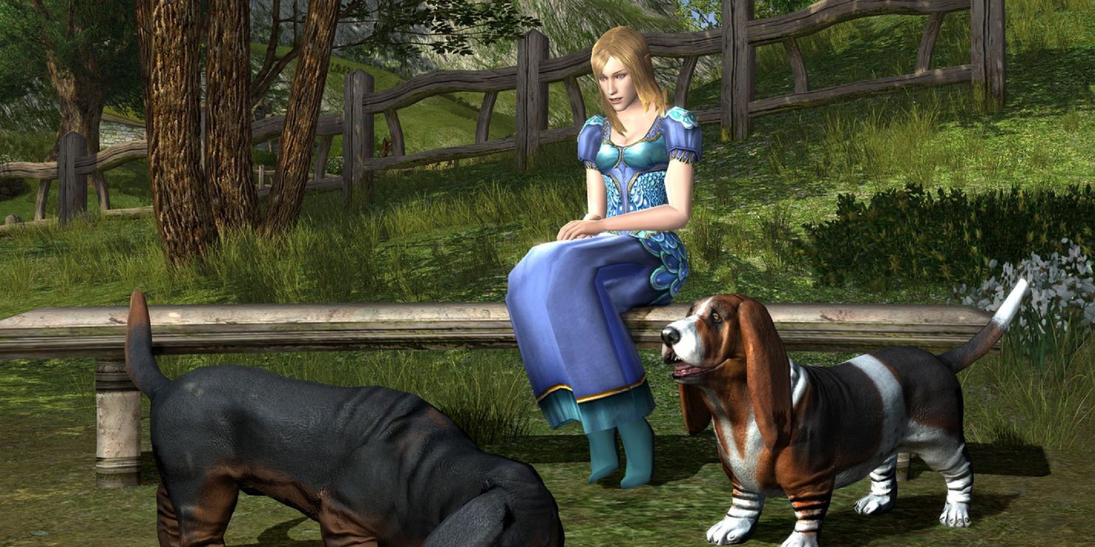 woman in a blue dress sits on a bench in a serene forested area with two dogs in Lord of the rings game