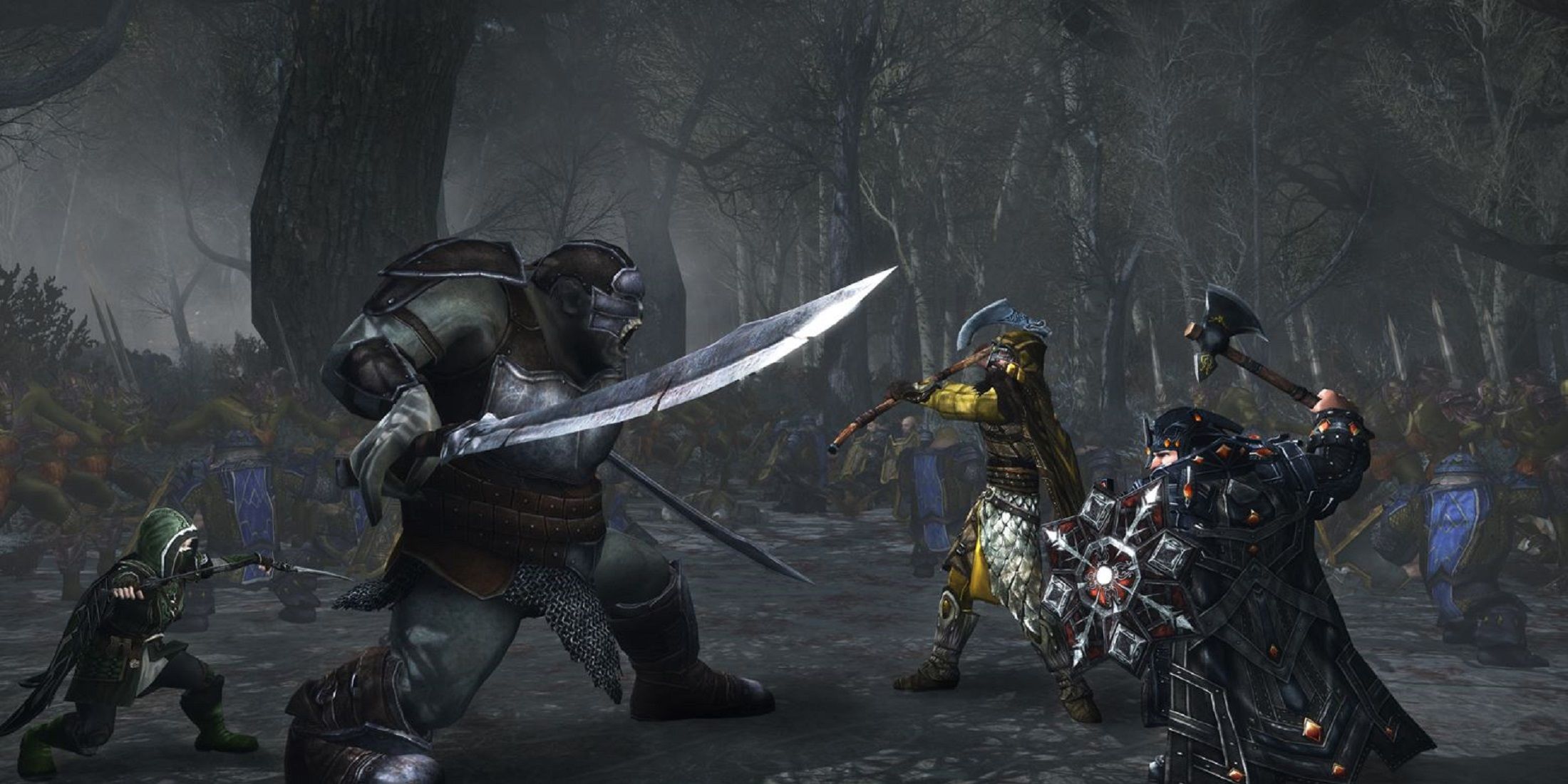 Warriors face off against a giant orc in an intense battle amidst a dense forest in a Lord of the Rings game