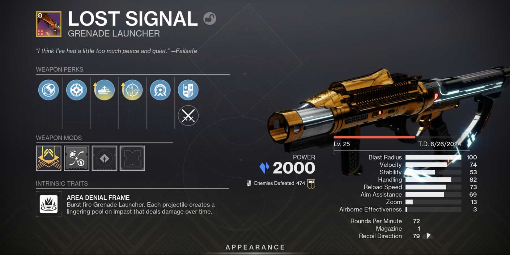 Lost Signal, a legendary area denial frame grenade launcher