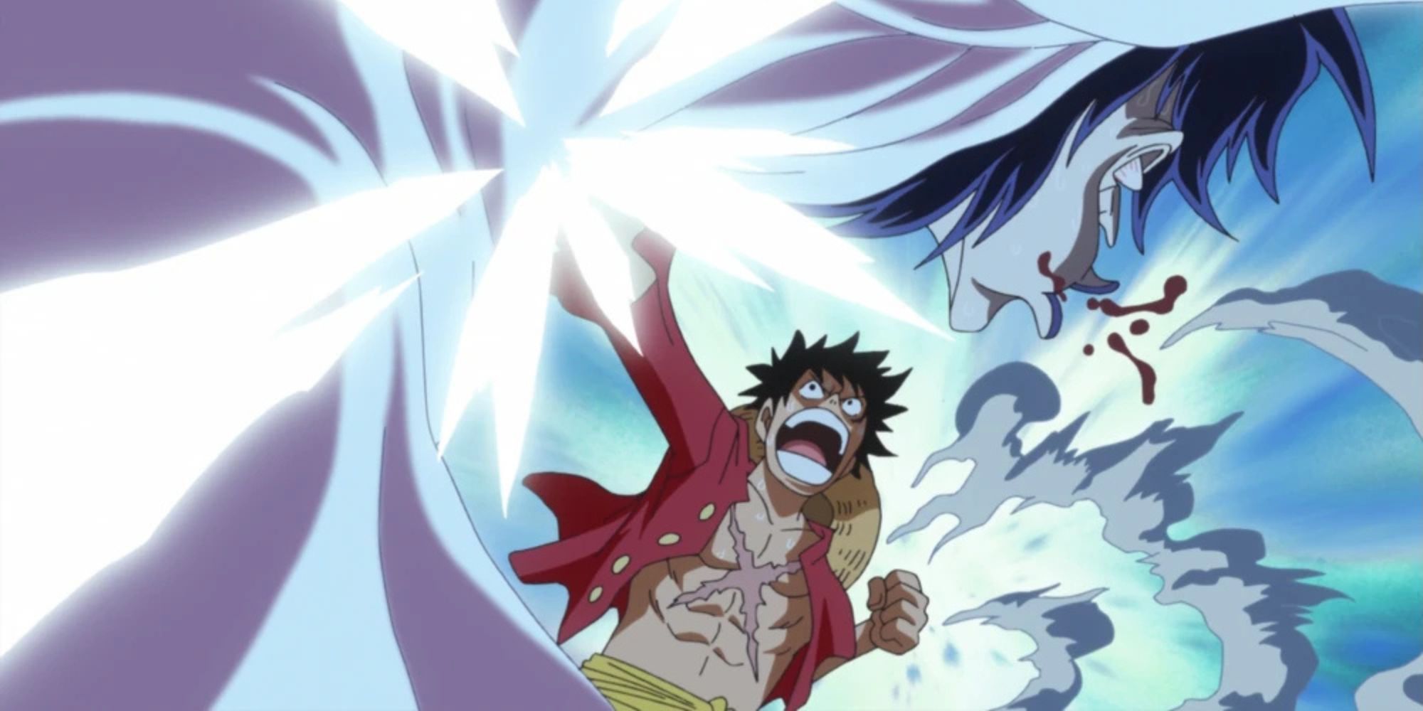 Luffy attacks Caesar Clown.