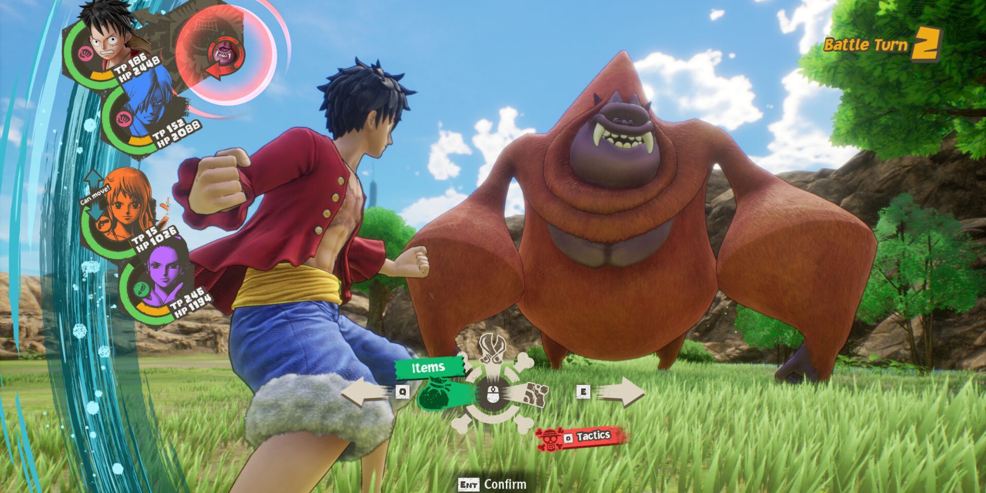 Luffy fighting a gorilla enemy.