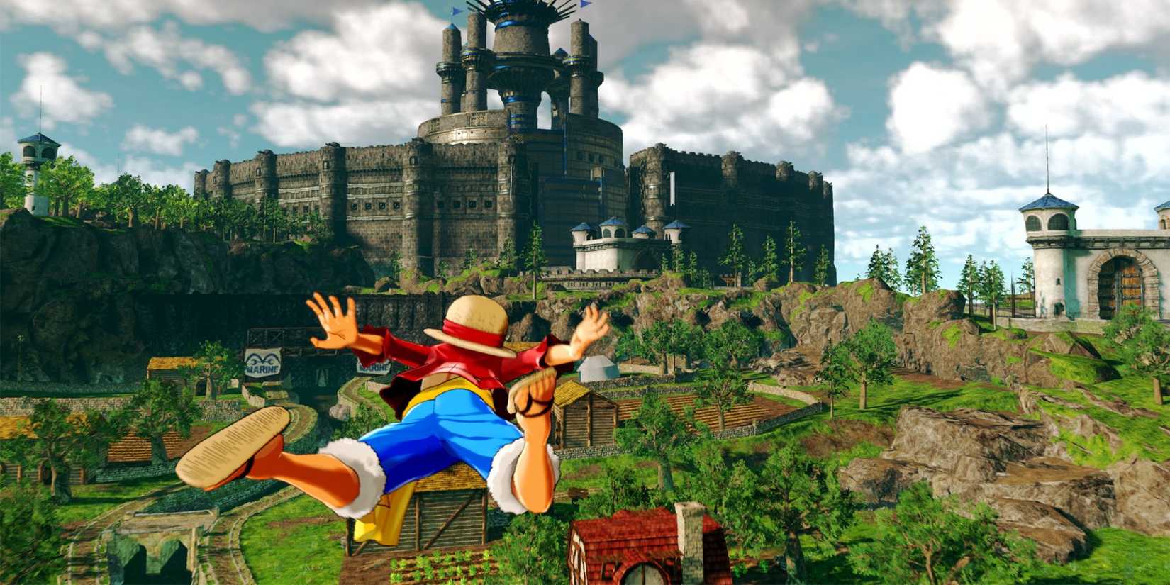 Luffy jumping around in the Prison Island overworld.