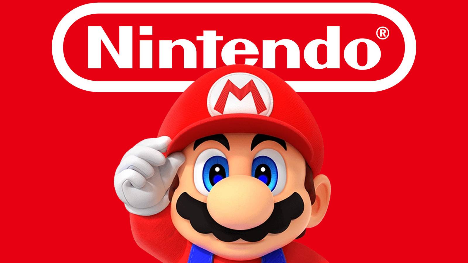 Mario holding his hat while looking straight below white Nintendo logo on red background