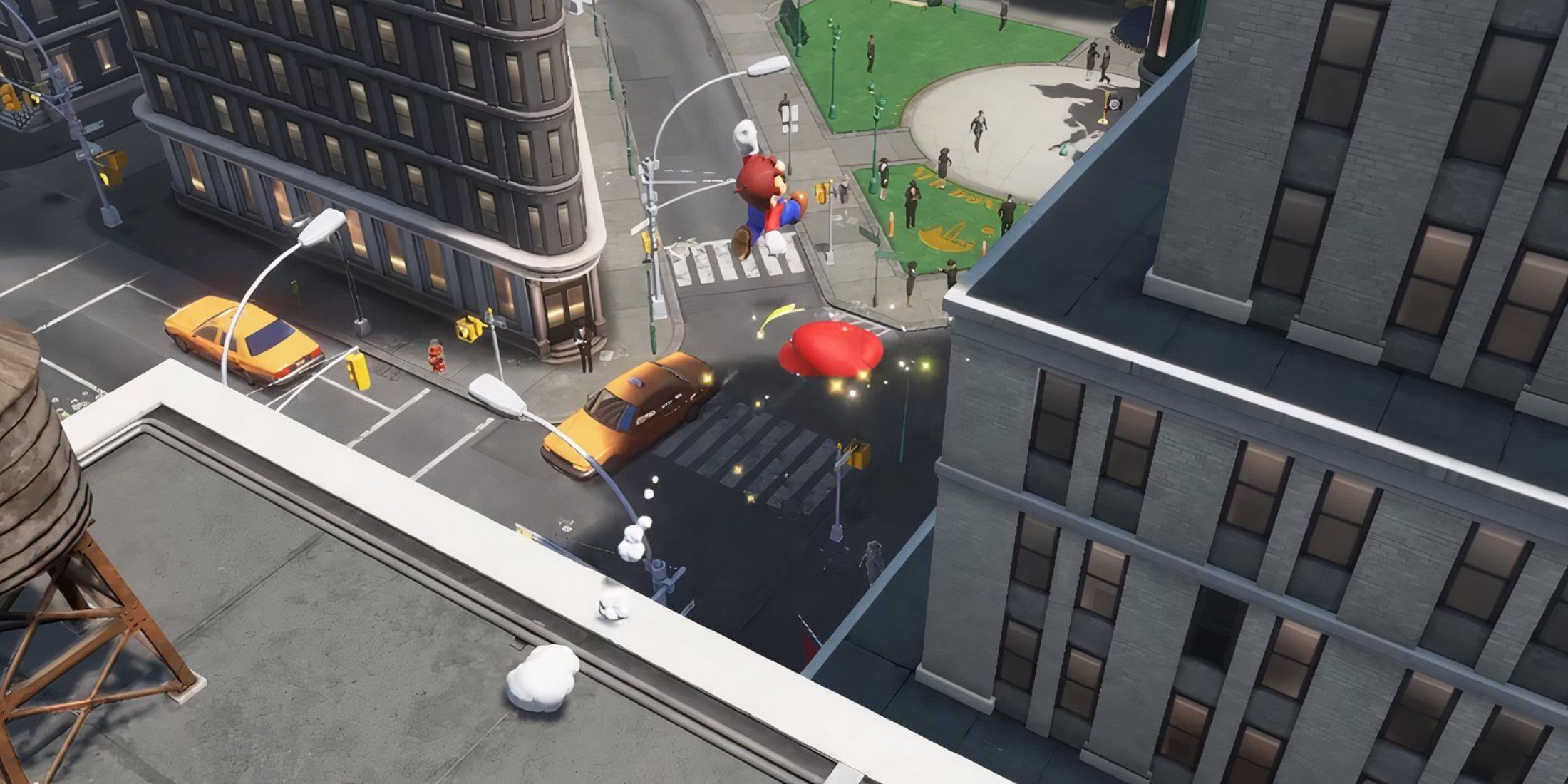 Mario jumping across buildings in Super Mario Odyssey