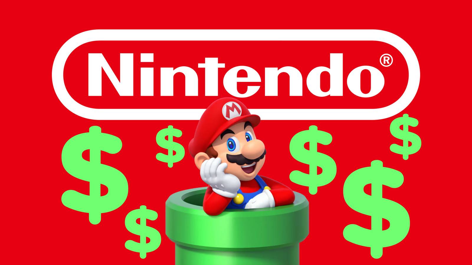 Mario sticking out of green pipe leaning in front of Nintendo logo around dollar signs red background 2x1 composite