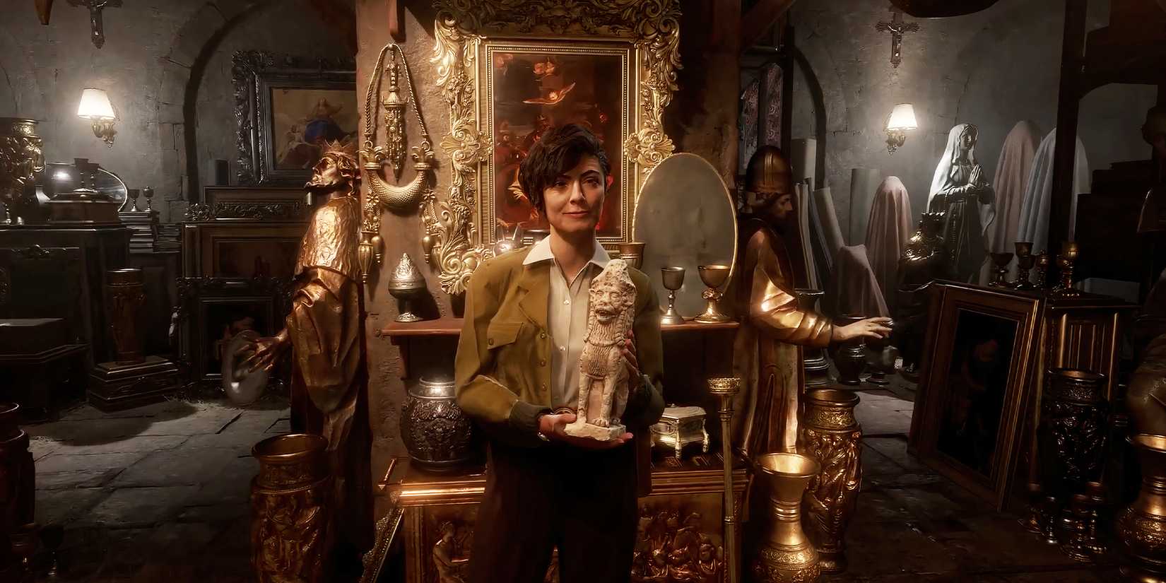 Marion holding a figurine in Indiana Jones and the Great Circle