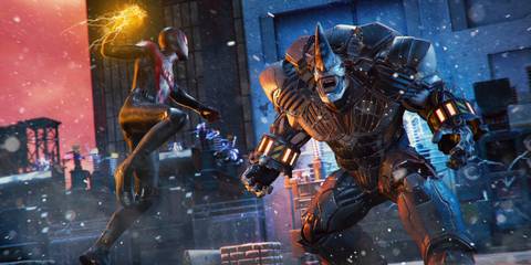 Marvel's Spider-Man Miles Morales fighting Rhino