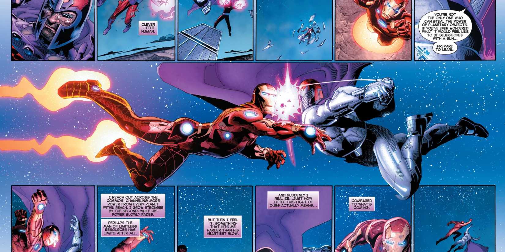 Iron Man and Magneto fighting in mid-air