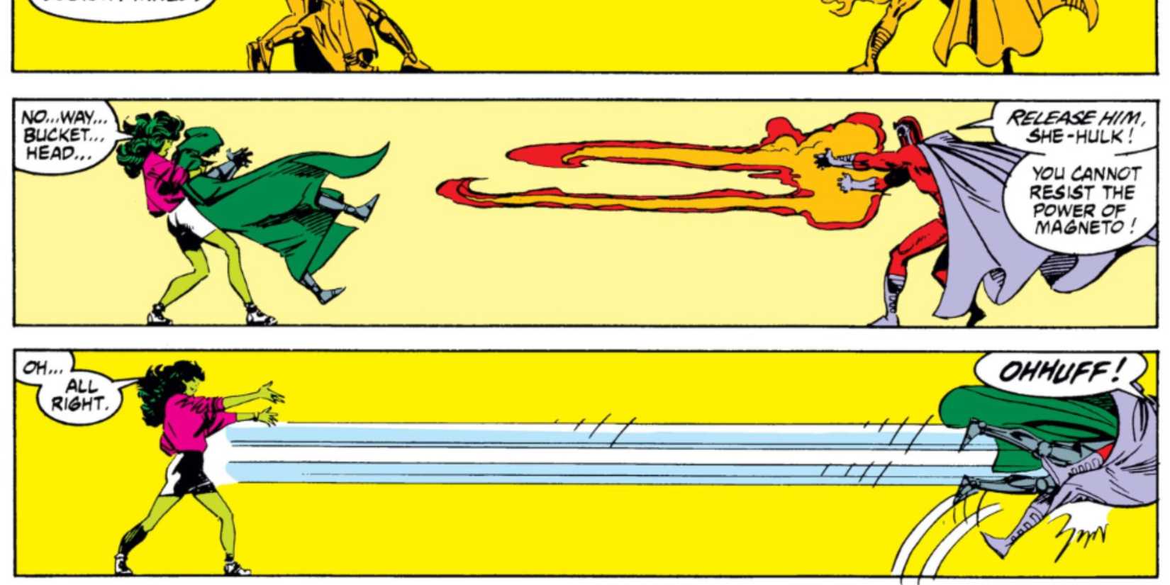 She-Hulk throwing Doctor Doom at Magneto