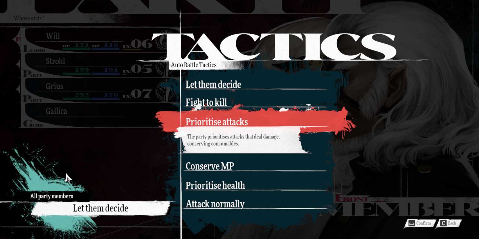 The Metaphor ReFantazio Tactics menu that allows controllable party members to act on their own. Prioritize attacks is currently selected.