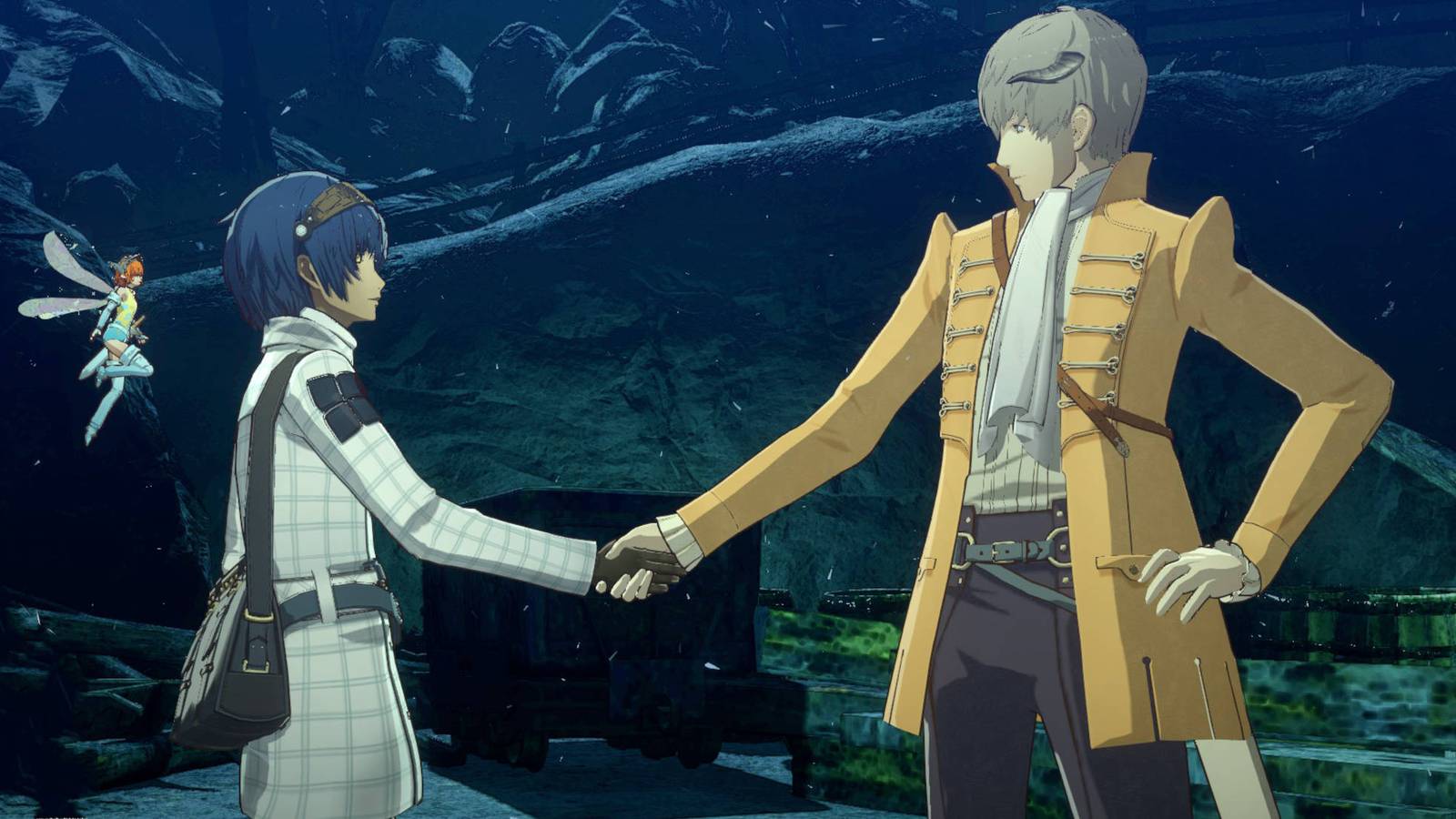 Metaphor Refantazio control party members: the protagonist and Strohl shaking hands in the mines.