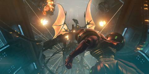 Samus Aran fighting a giant winged creature 