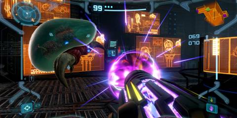 Samus Aran fighting a large parasite by firing a ball of purple energy at it