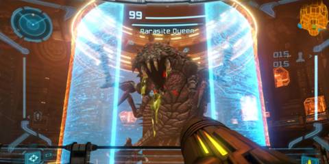 Samus Aran fighting the Parasite Queen