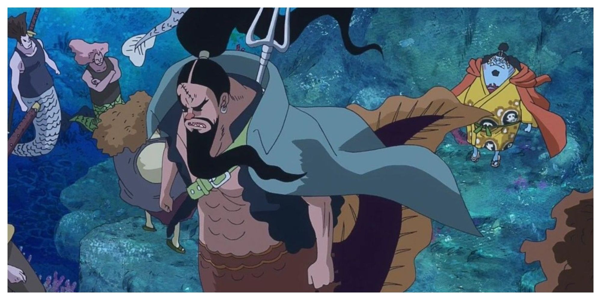 Aladine surrounded by various fish-men and mermen crewmates, including Jimbei