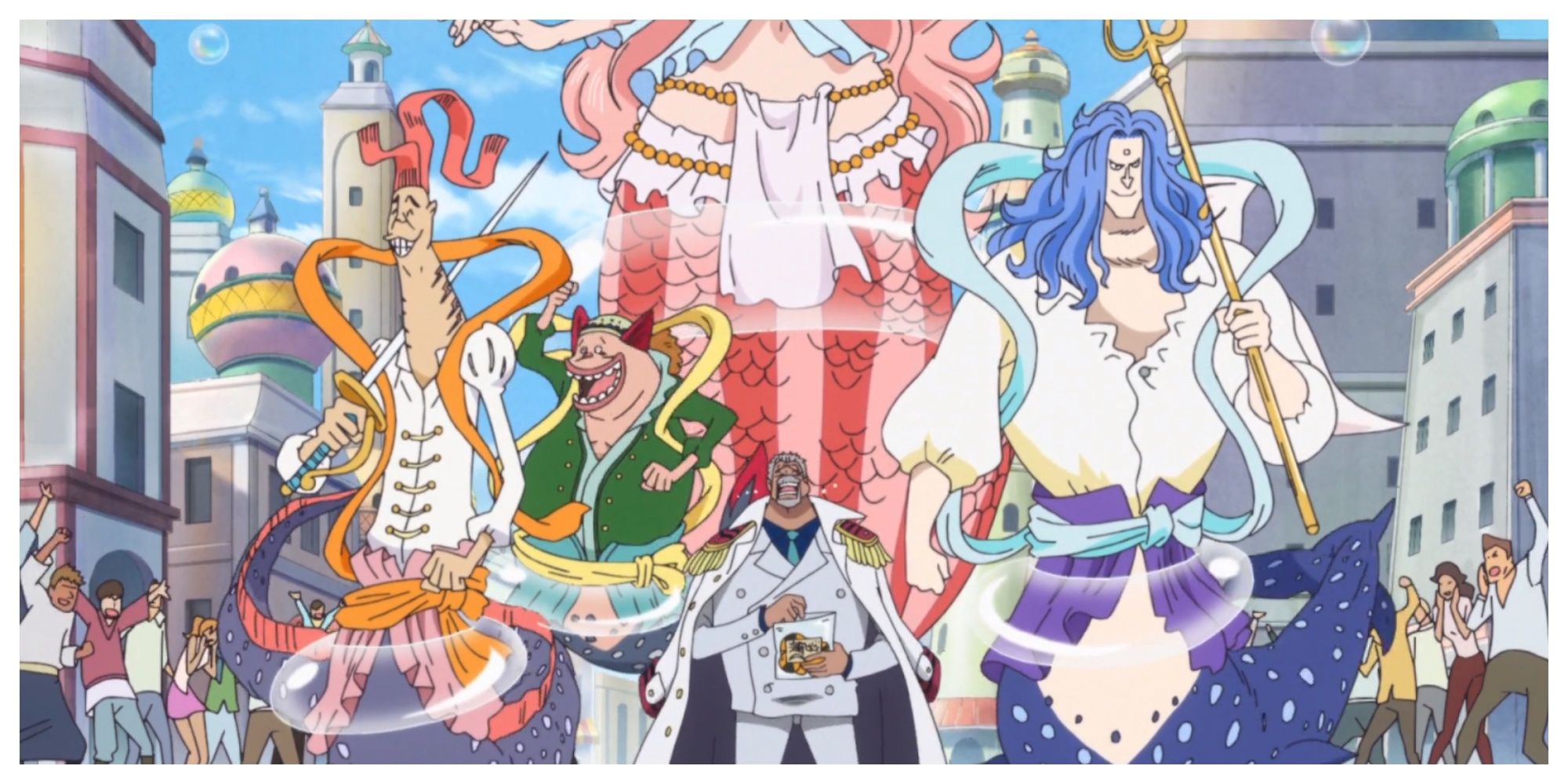 Left to Right: Ryuboshi, Manboshi, Garp, and Fukaboshi attending the Levely, Shirahoshi is above