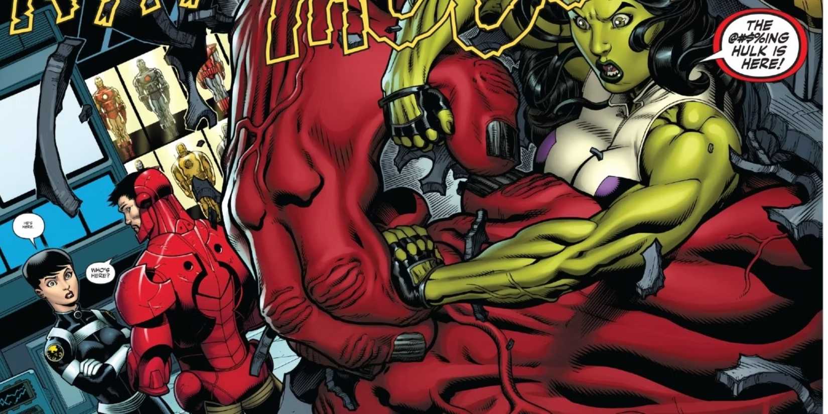 Red Hulk fighting She-Hulk