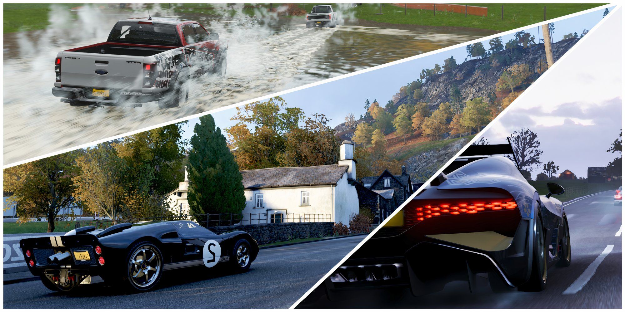 Forza Horizon 4: 10 Hardest Races, Ranked cover with cars Ford Raptor, Ford GT40, and Bugatti Veyron