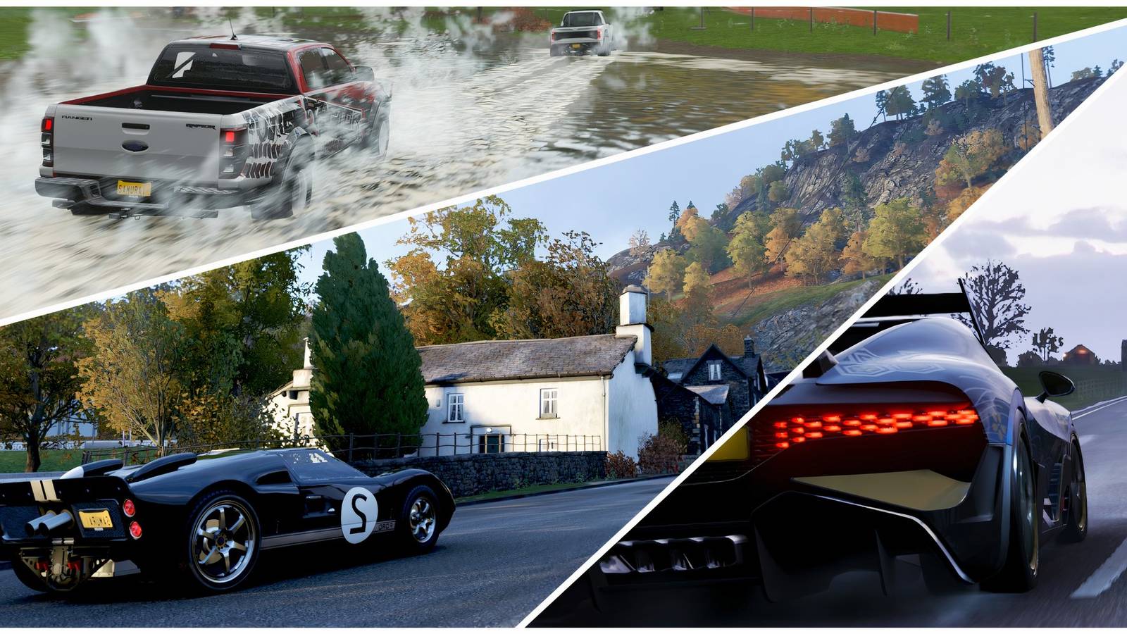 Forza Horizon 4: 10 Hardest Races, Ranked cover with cars Ford Raptor, Ford GT40, and Bugatti Veyron