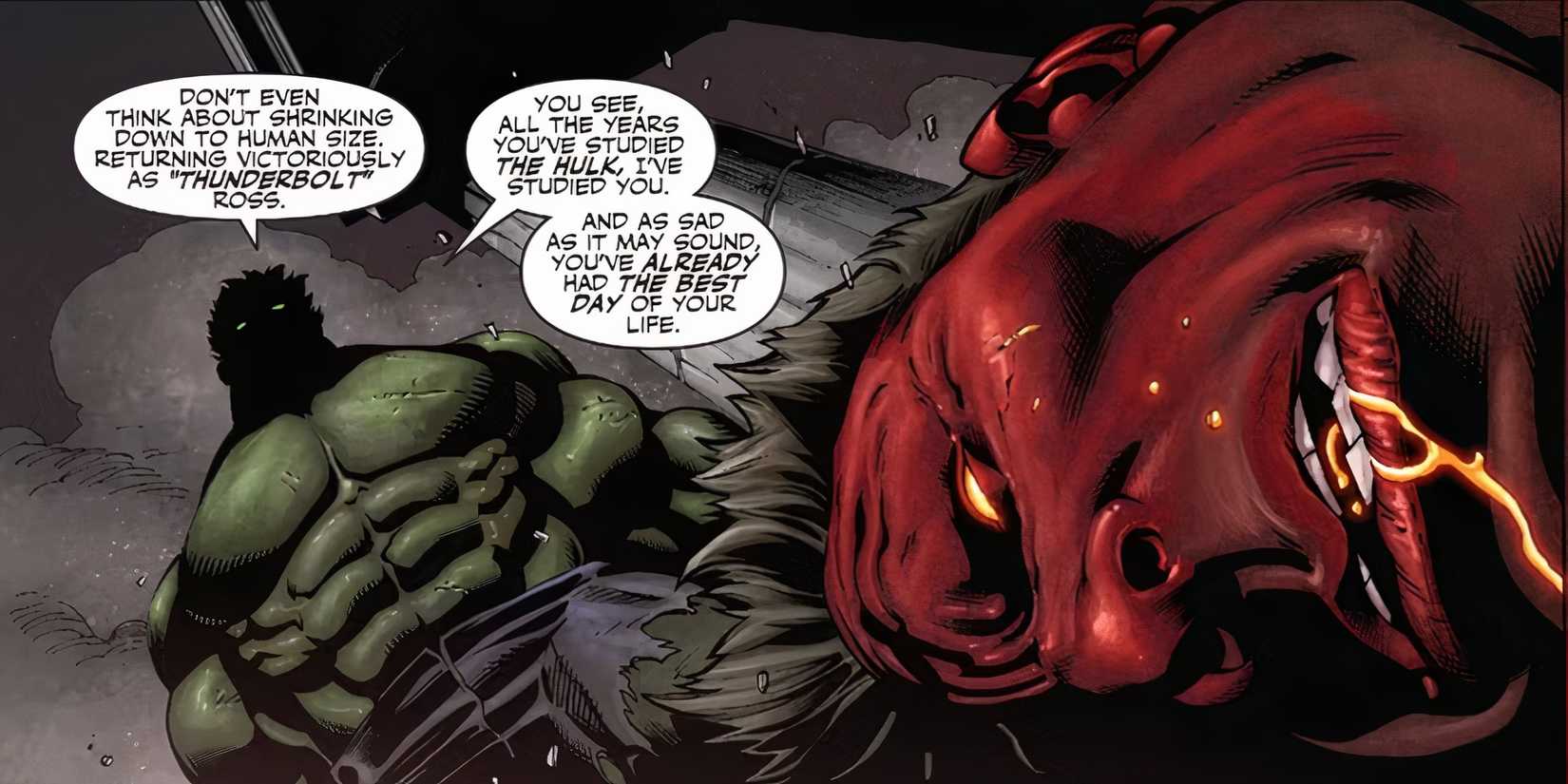 Hulk looking over a defeated Red Hulk