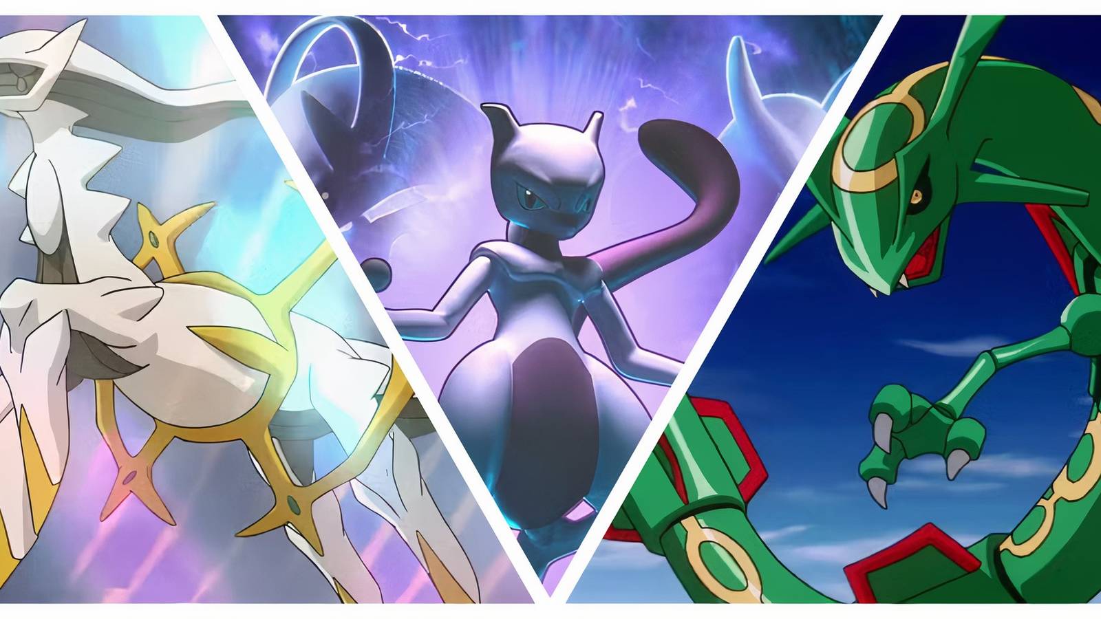 Arceus, Mewtwo and Rayquaza all in the sky.