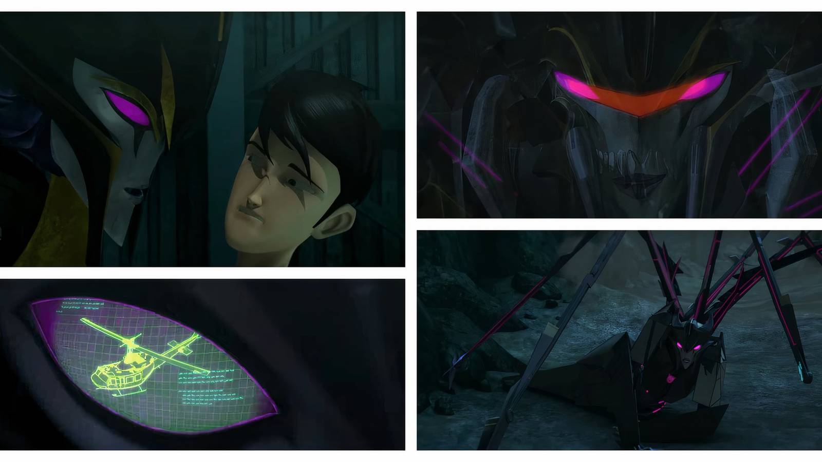 Top-Left: Airachnid and Jack. Bottom-left: Airachnid's eye displaying a helicopter wireframe. Top-right: Airachnid's face superimposed over an Insecticon's. Bottom-right: Airachnid on the ground.