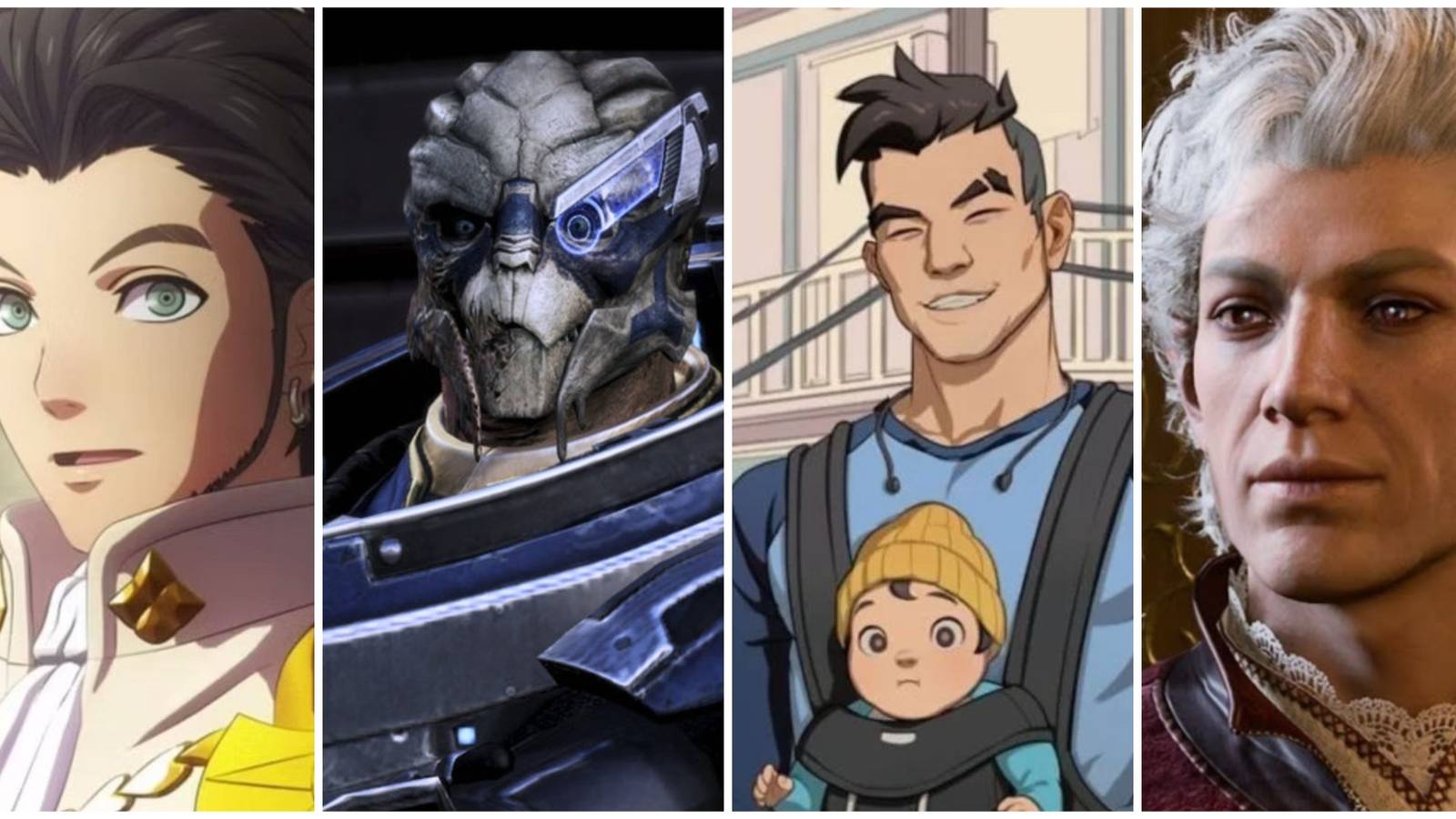 A collage of romanceable male characters in video games, including Claude from Fire Emblem Three Houses, Garrus from the Mass Effect series, Craig from Dream Daddy and Astarion from Baldur's Gate 3