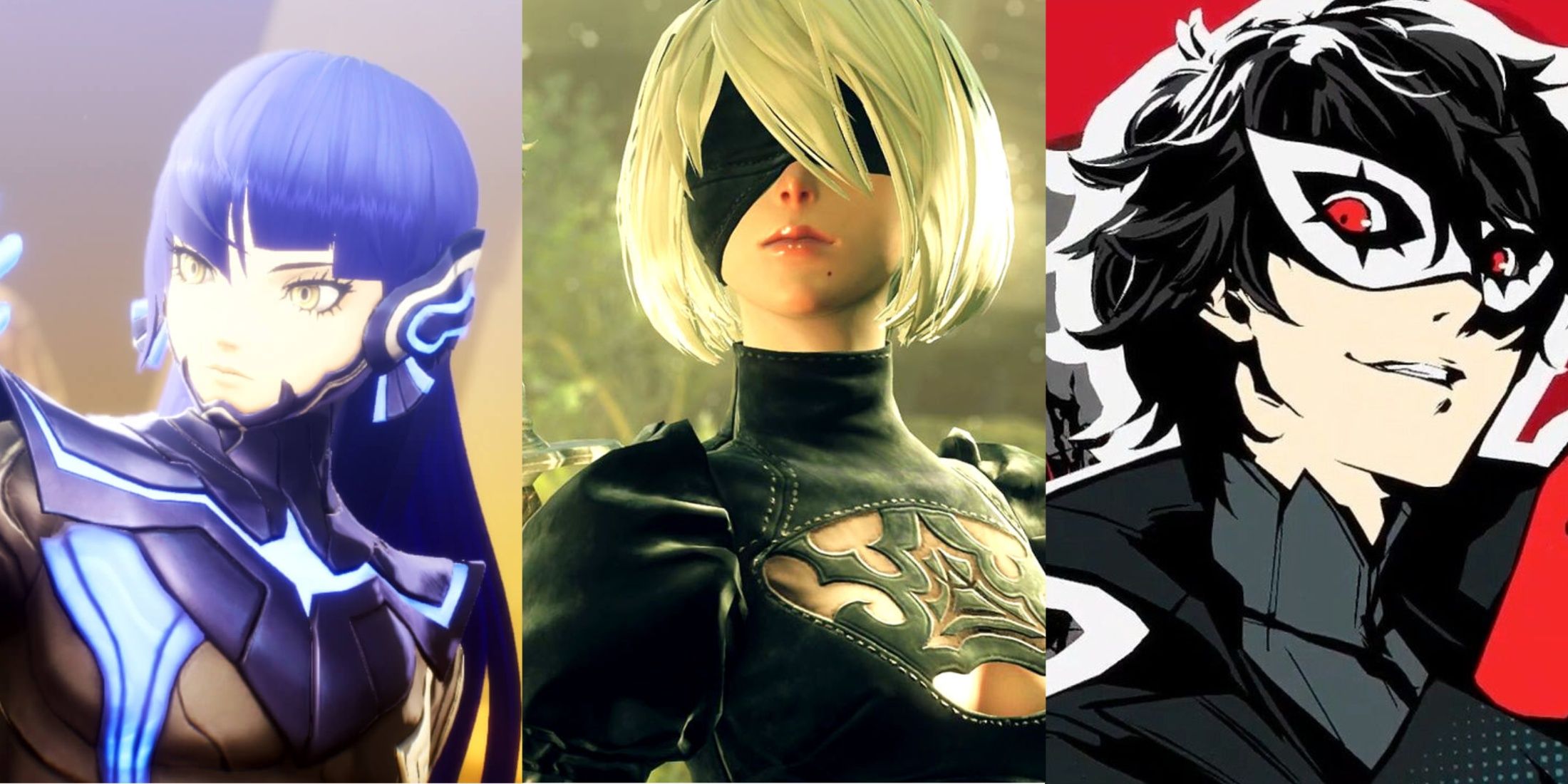 Stills from Shin Megami Tensei 5, Nier: Automata, and Persona 5