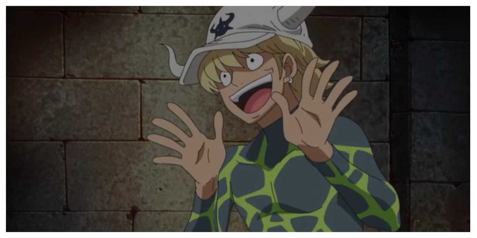 Dellinger, a human/fish-man hybrid whose hat is specially modified with his horns in mind.