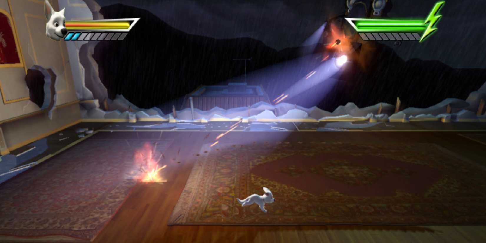 a small white dog runs through the scene escaping meteors