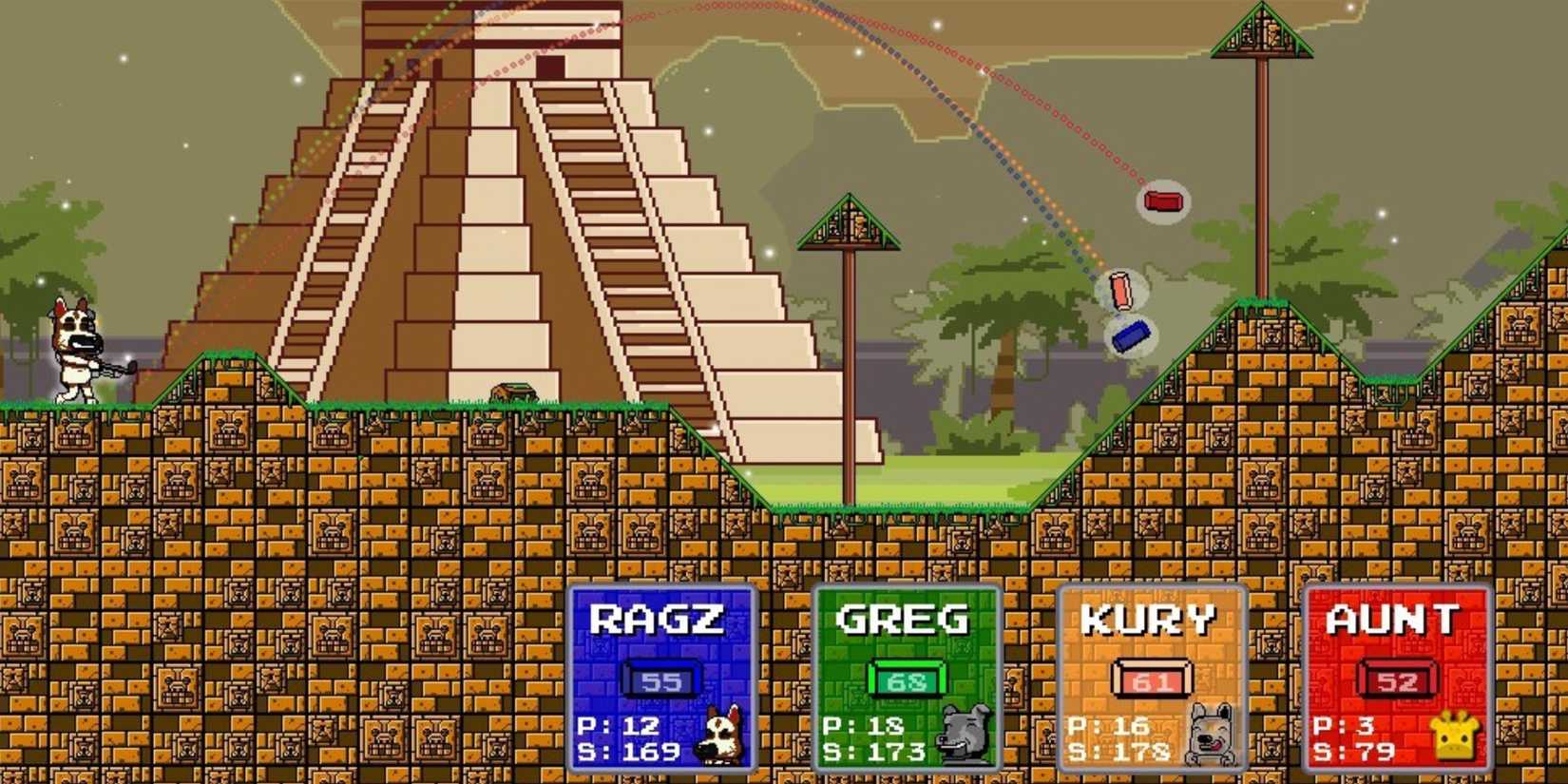 a dog plays golf outside a pyramid