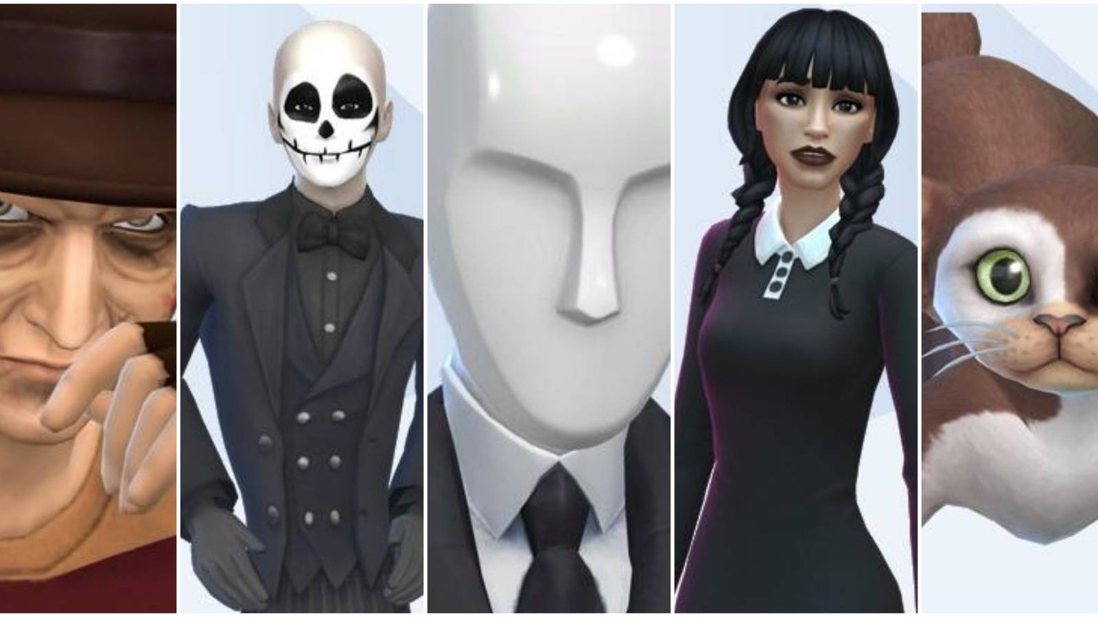 A collage of images of the characters Freddy Kruger, Jack Skellington, Slenderman, Wednesday Addams and Gizmo the gremlin recreated in The Sims 4