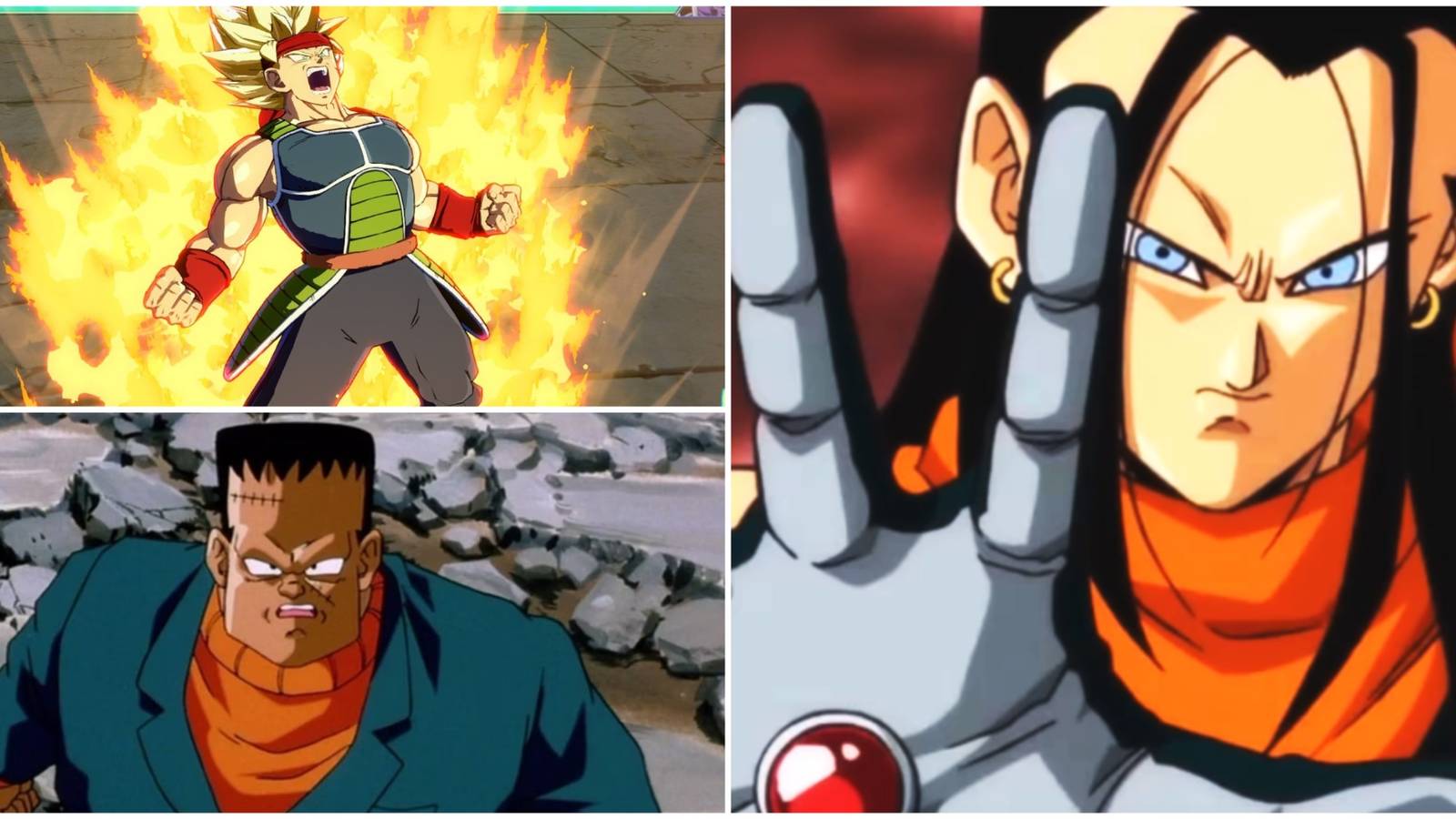 A collage image featuring Super Saiyan Bardock, Android 8, and Super 17