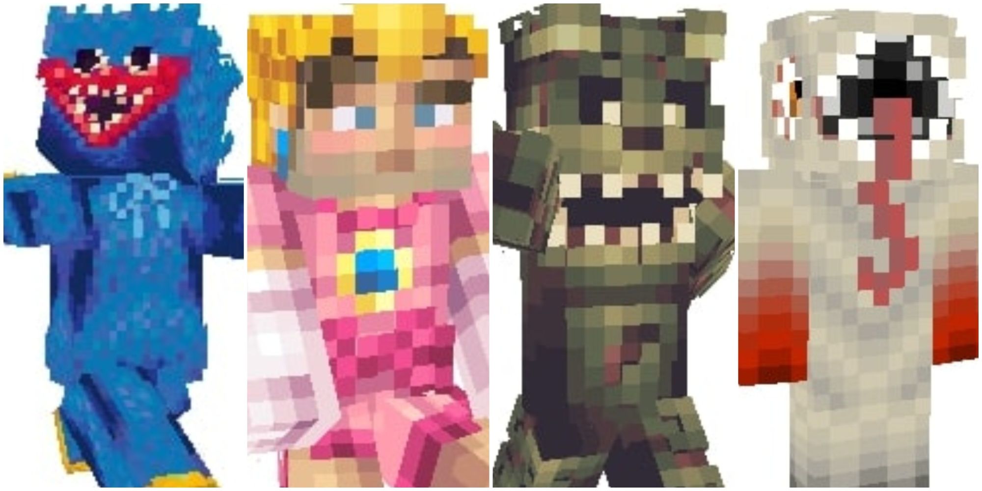 A collage of images of Halloween themed Minecraft skins, including Huggy Wuggy, Princess Peach, Springtrap and a Sandworm