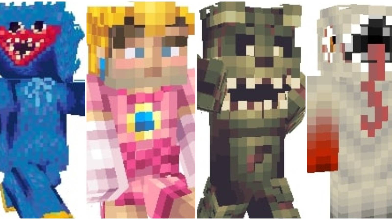 A collage of images of Halloween themed Minecraft skins, including Huggy Wuggy, Princess Peach, Springtrap and a Sandworm