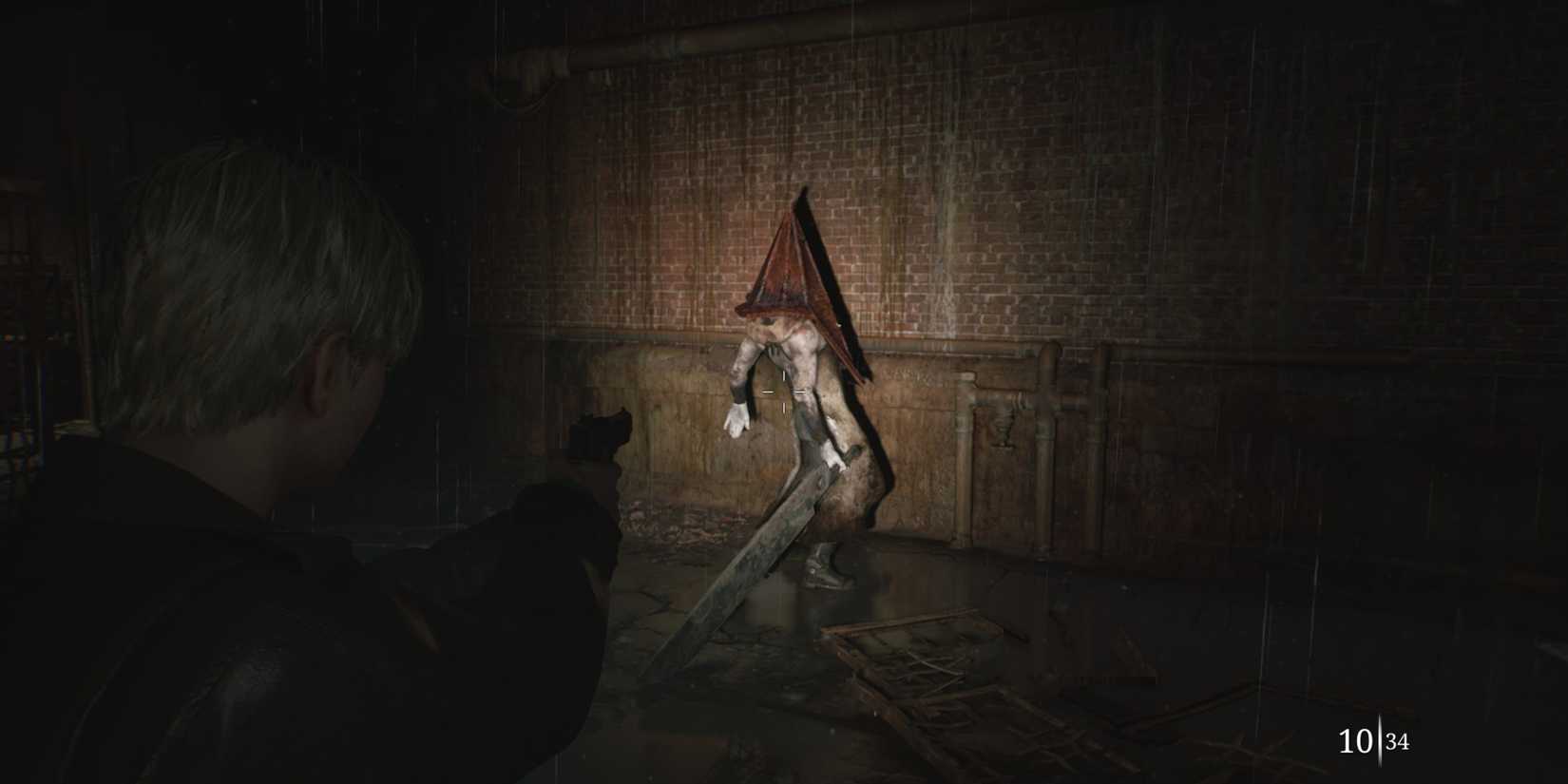 james aims a gun at pyramid head