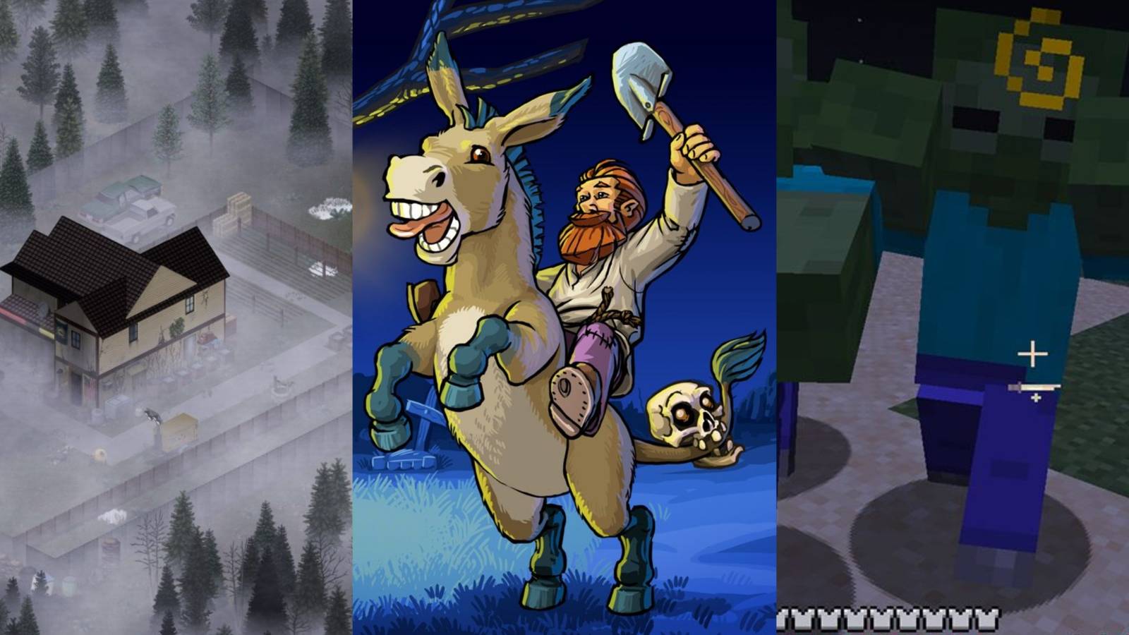 Zomboid, Graveyard Keeper, Minecraft collage