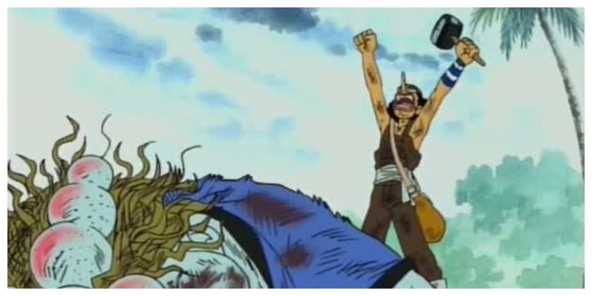 Usopp standing over a badly beaten Chew, victorious