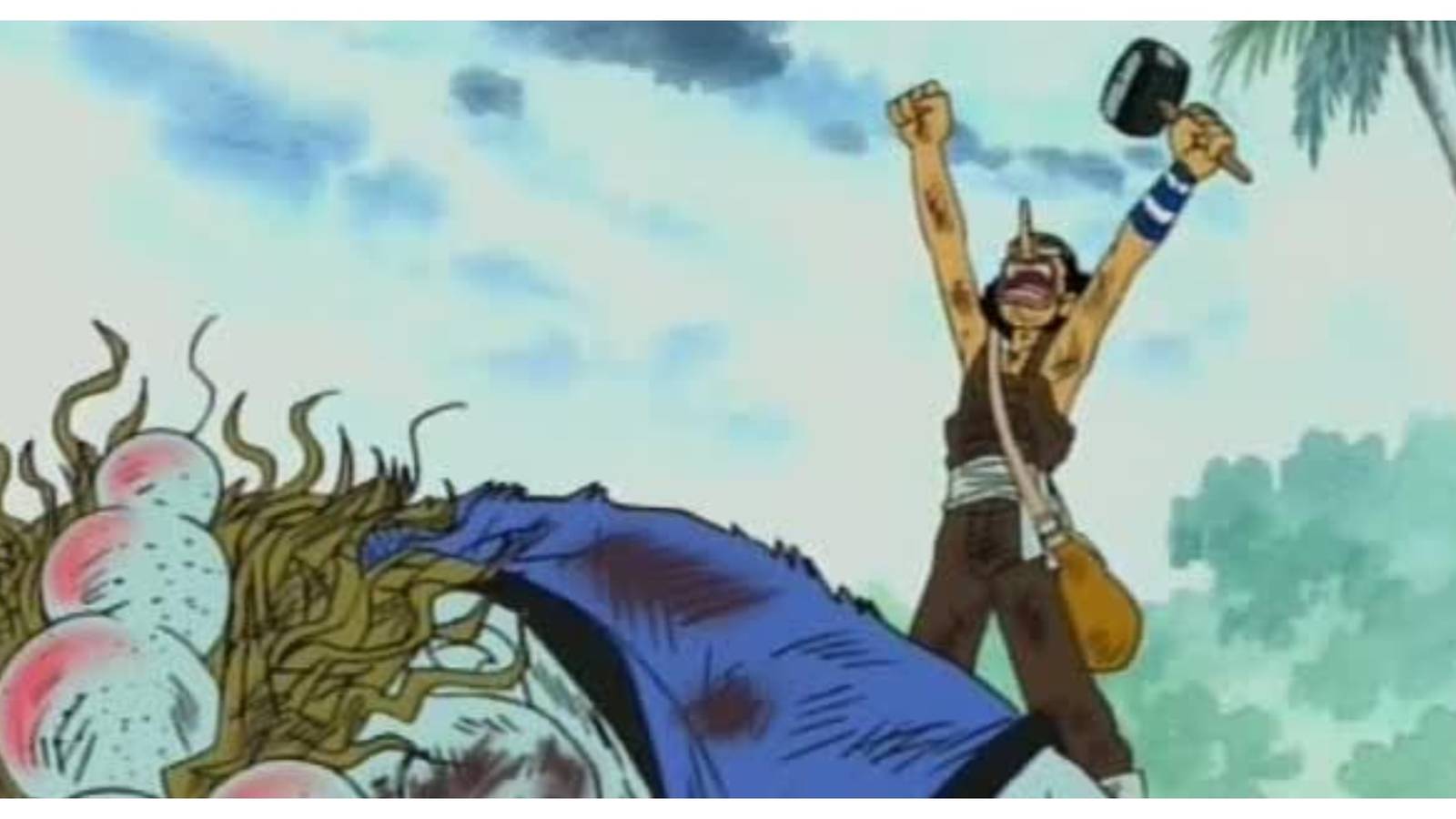 Usopp standing over a badly beaten Chew, victorious