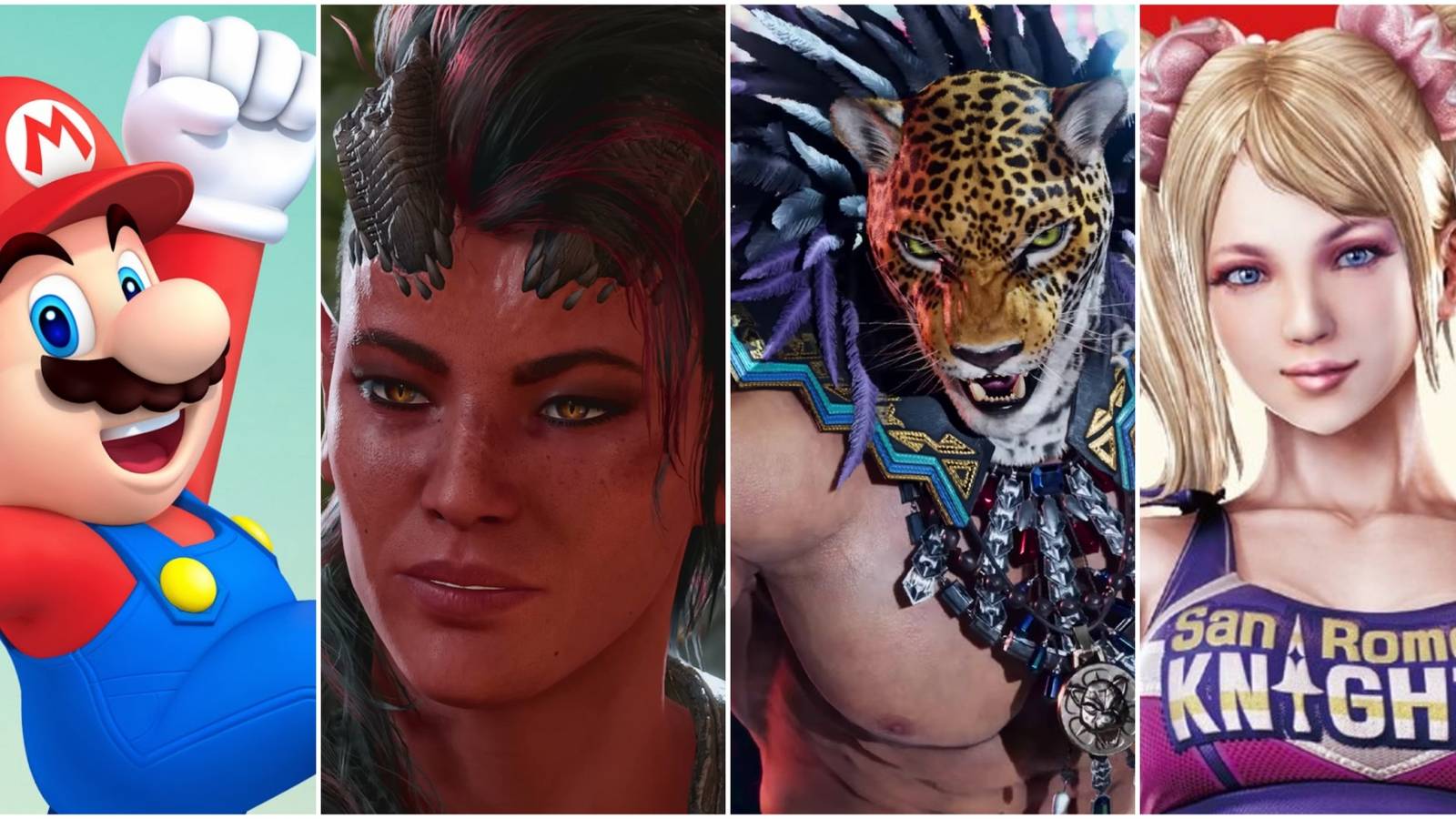 A collage of images of the video game characters Mario, Karlach, King and Juliet Starling