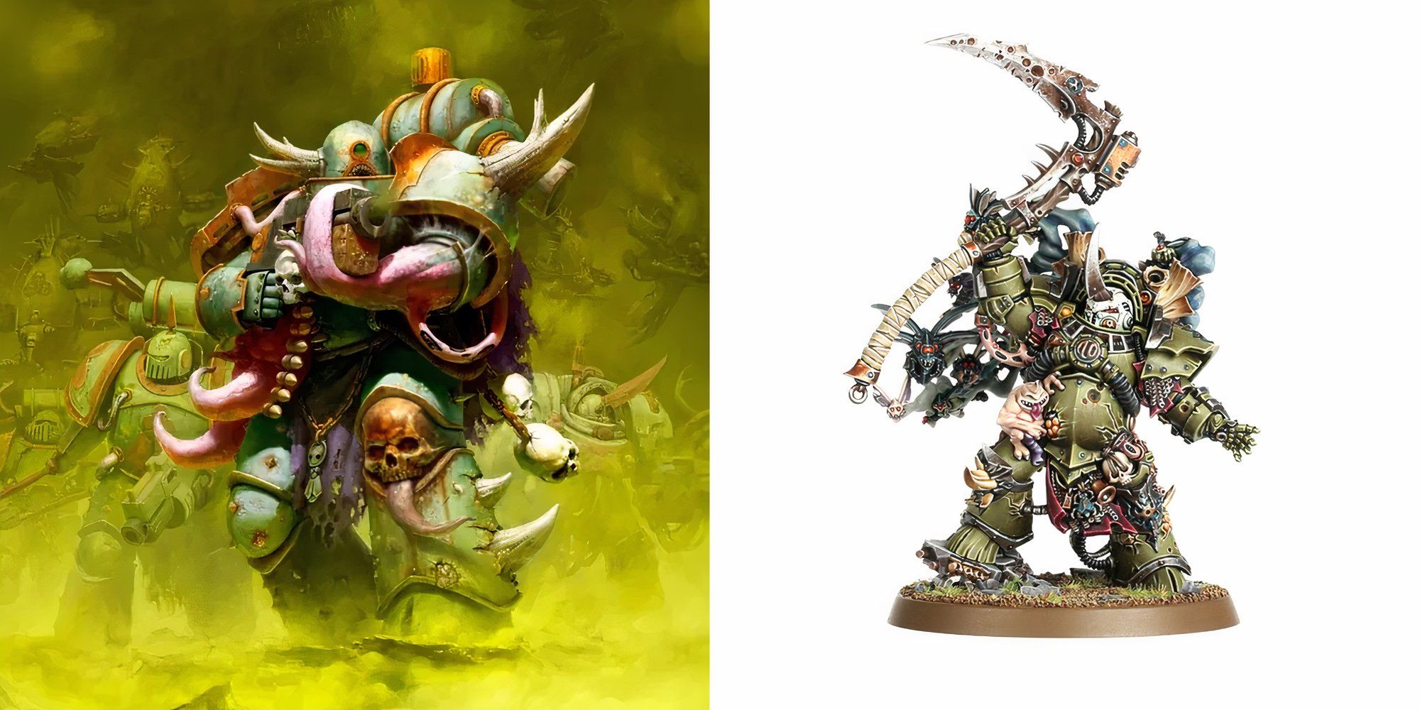 Warhammer 40K: 7 Most Cursed Space Marine Chapters Art of a plague marine and typhus miniature