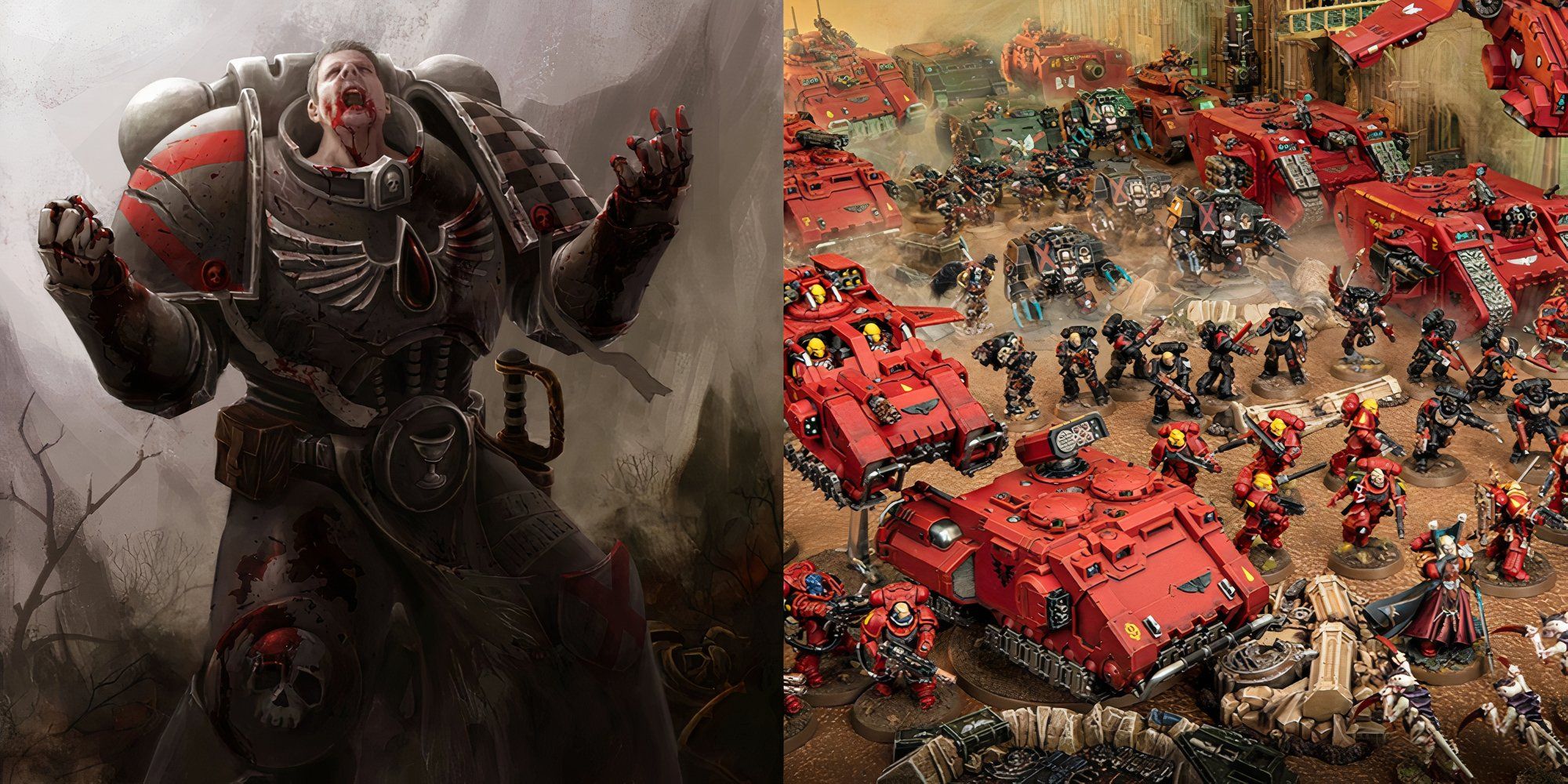 Warhammer 40K: 7 Most Cursed Space Marine Chapters Art of a marine falling to the red thirst and blood angel miniatures