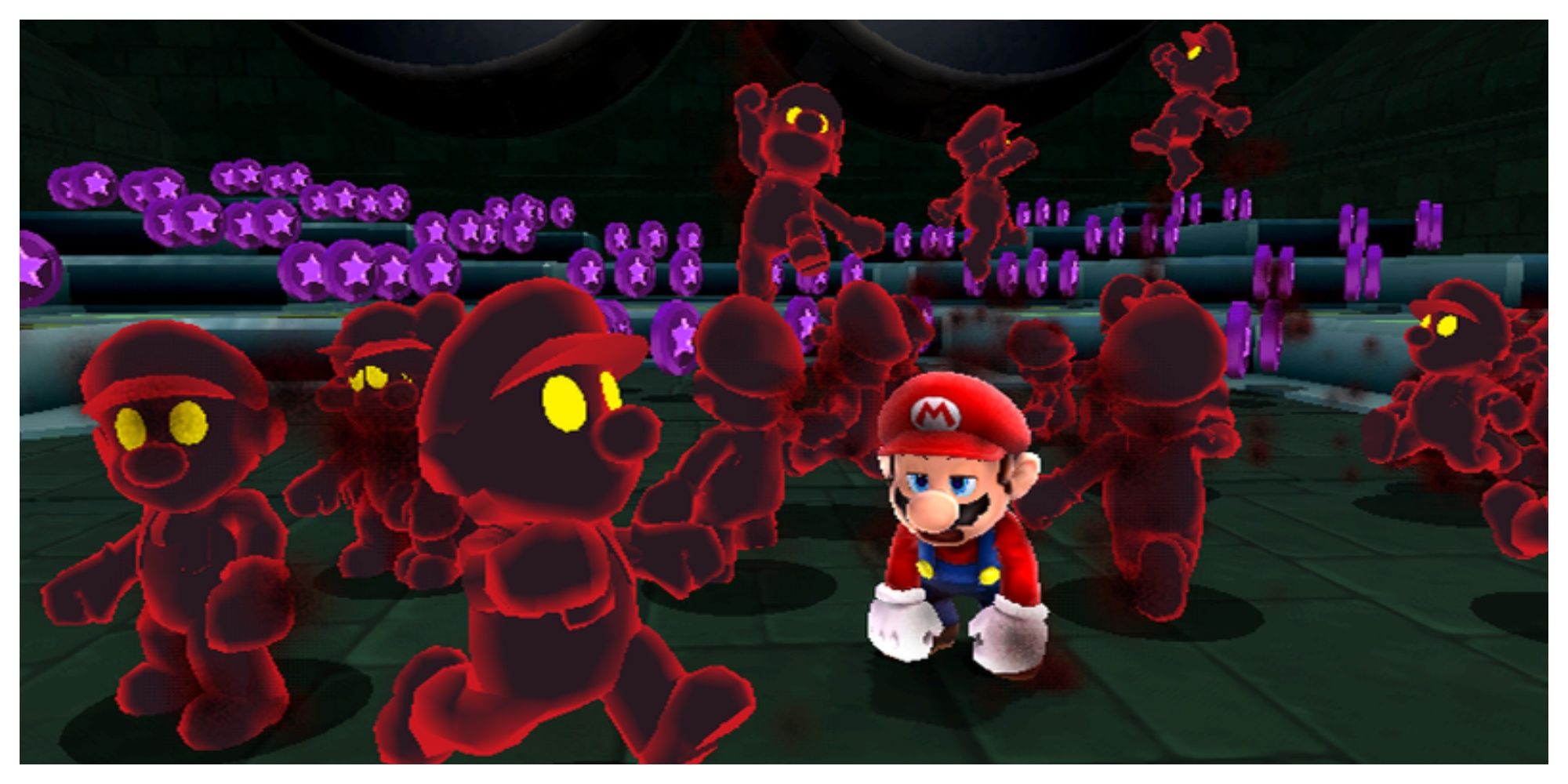 Mario looking exhausted while the clones surround him