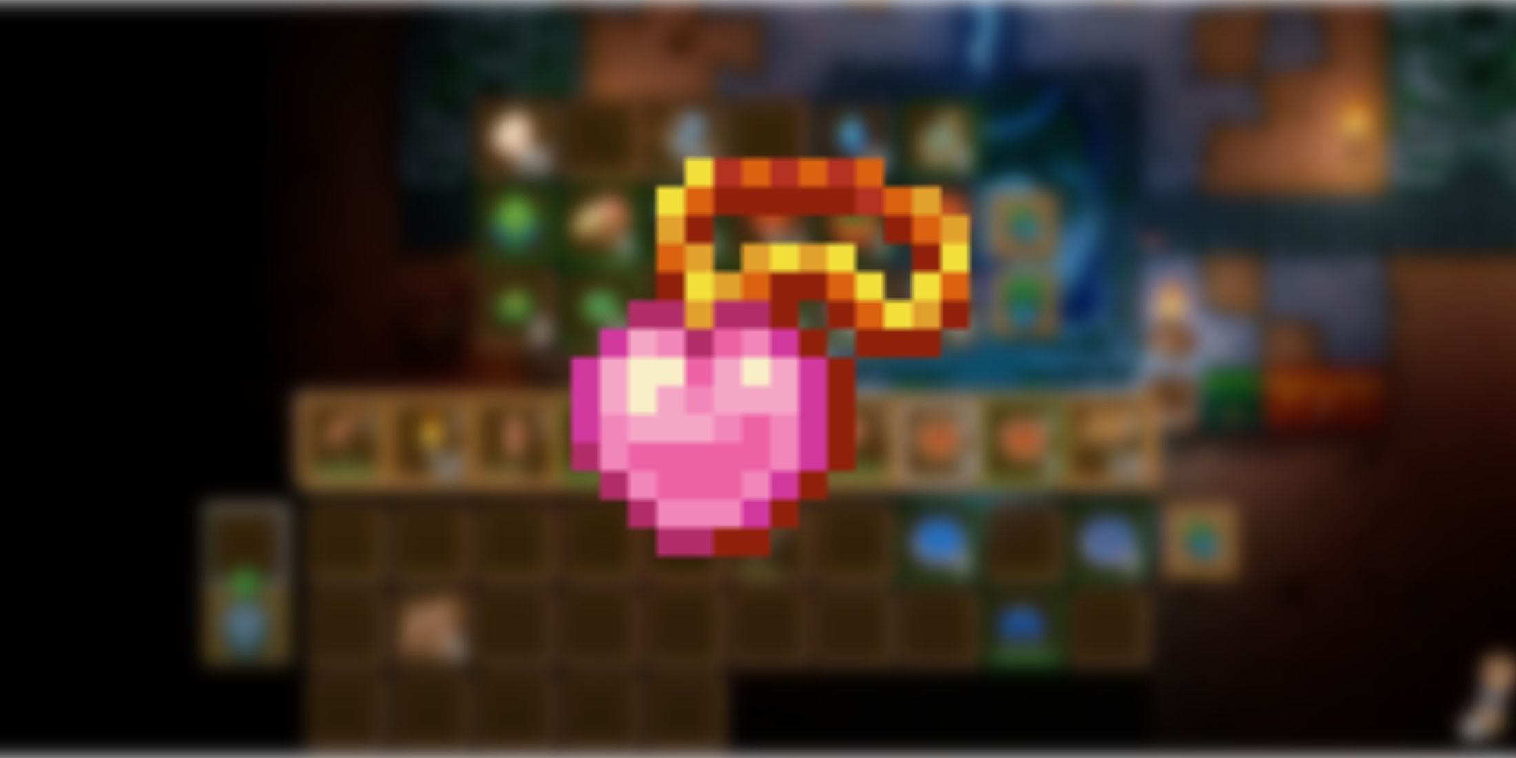 A pink heart on a gold chain in front of gameplay footage of Core Keeper.