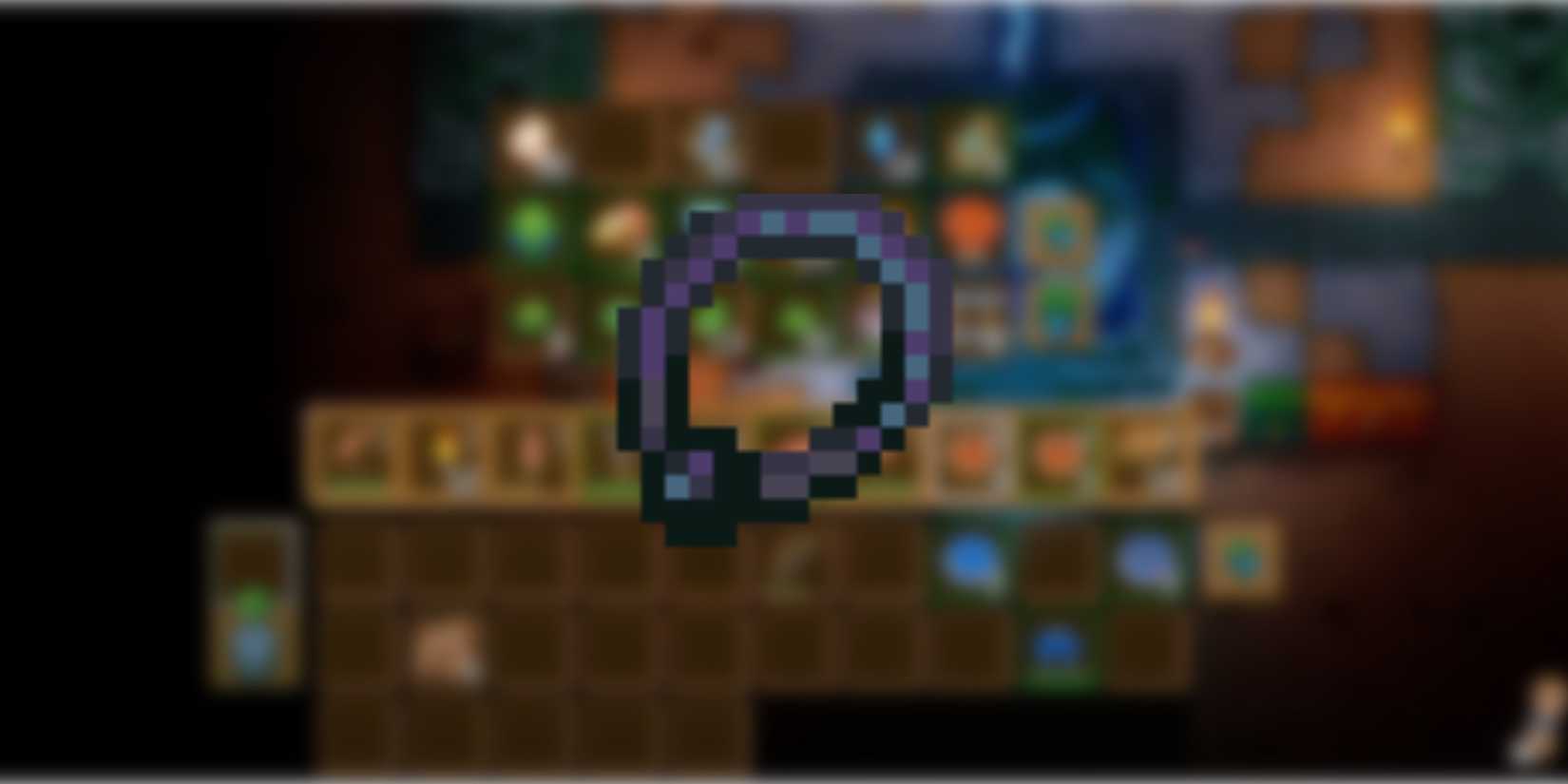 A simple black necklace with a black bead in front of gameplay footage of Core Keeper.