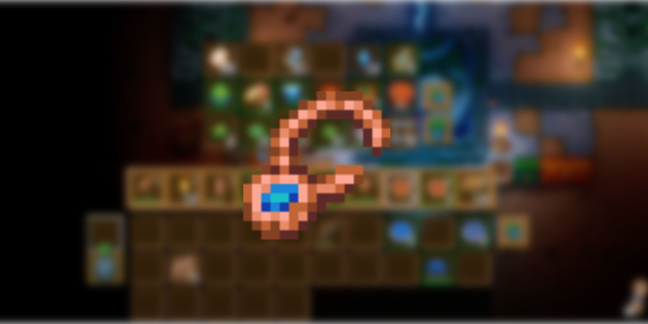 A rusty orange-brown necklace with a blue gem in front of gameplay footage of Core Keeper.