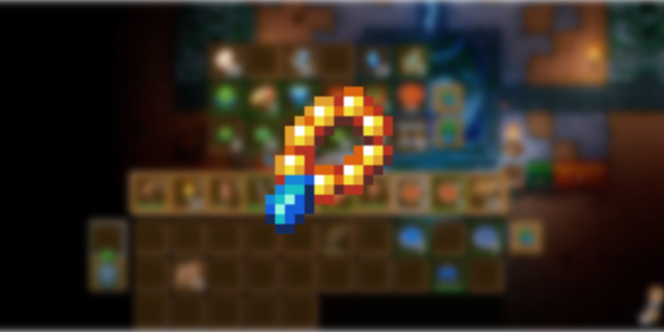 A necklace of gold beads with a light blue pendant in front of gameplay footage of Core Keeper.