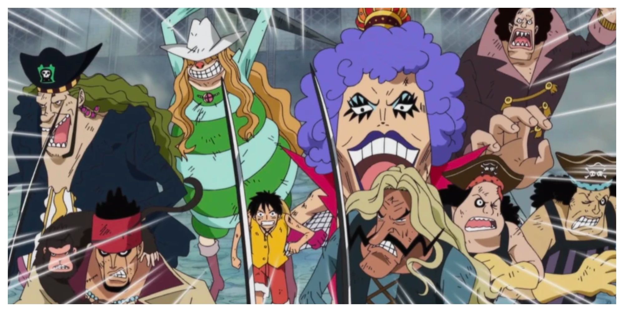 Left to Right: Top Row: A O, Epoida, Ivankov, and Andre. Bottom Row: Doma, Luffy, McGuy, and the Decalvan Bros.