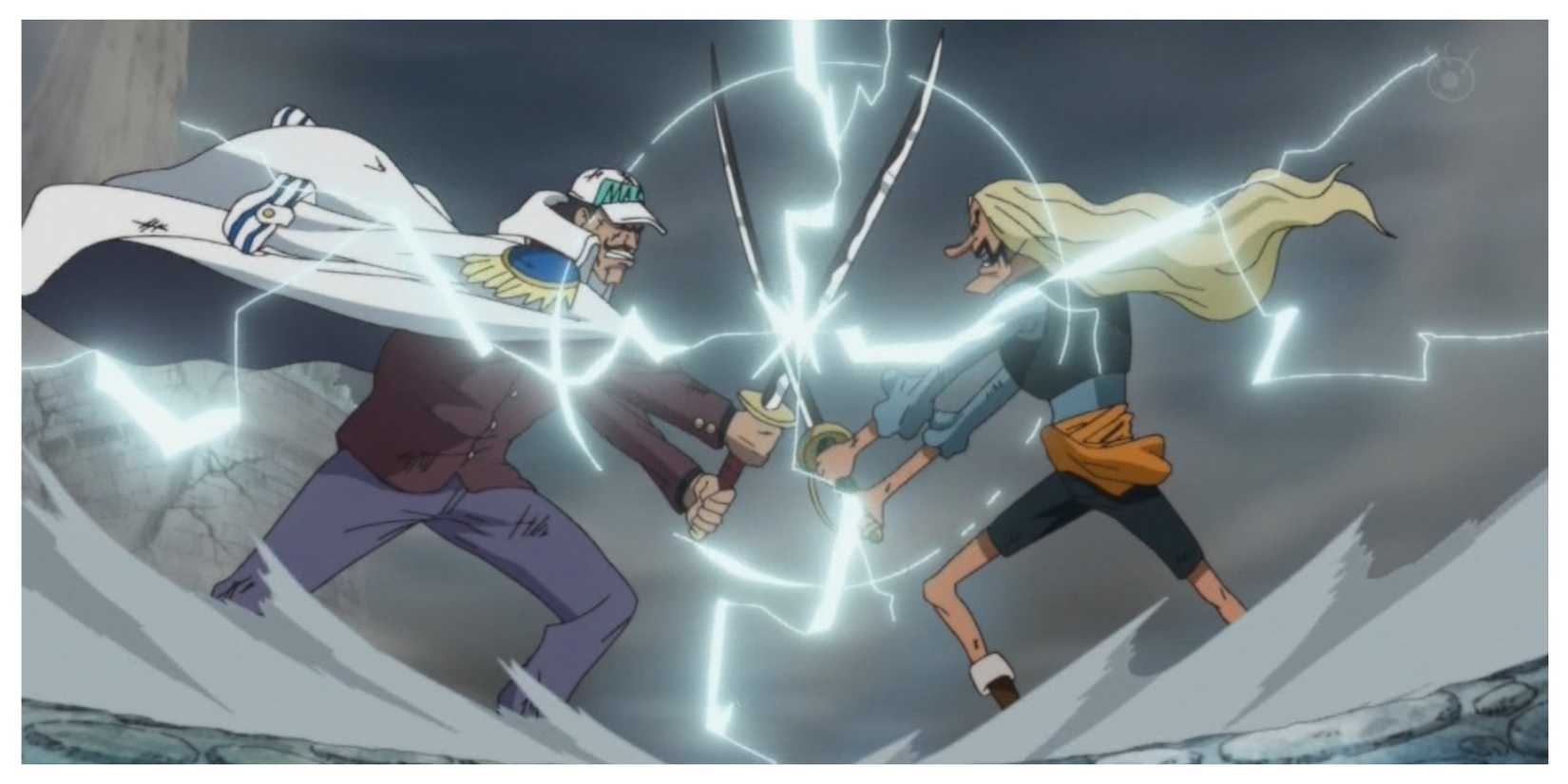 Vice Admiral Doberman dueling "Thunder Sword" McGuy, sparks fly and an impact is shown